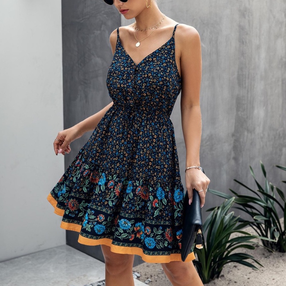 Boho Hippie Gypsy Floral Midi Dress - NAVY - Picture 1 of 8